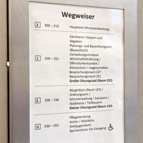 Wegweiser im Rathaus mit Etagen und Abteilungen