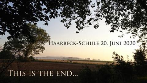 Blick durch Bäume auf Feld, Schriftzug "This is the end"
