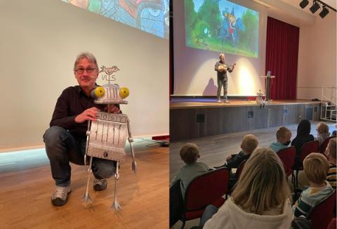 Fotocollage Mann mit Roboterfigur und Publikum in Kulturhalle