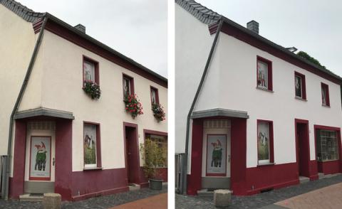 Fassade eines Hauses vor und nach Renovierung